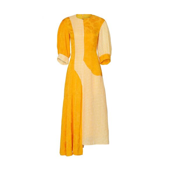 REJINA PYO Marigold Yellow Dylan Asymmetrical Paneled Checkered Linen Dress 12 - Picture 4 of 16
